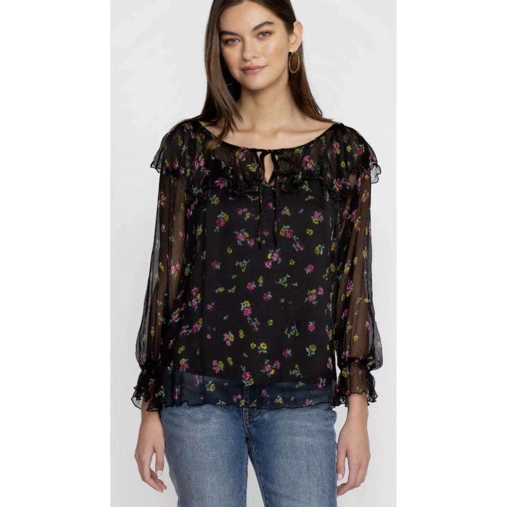 Johnny Was JADE Silk Chiffon Floral Ruffle Blouse Black Pink Small Sheer Top